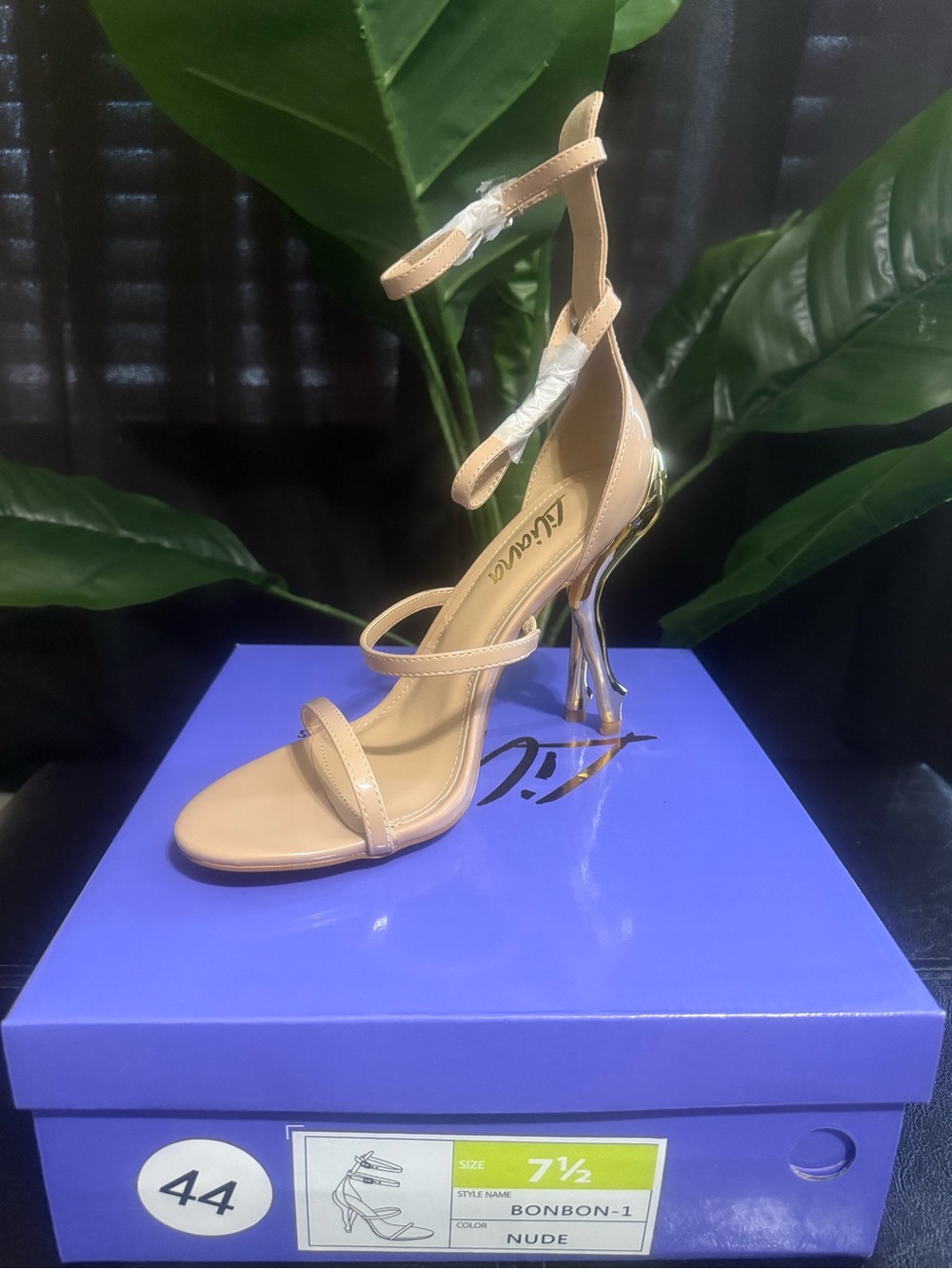 Nude Strappy Stiletto Sandal with Sculpted Gold Heel